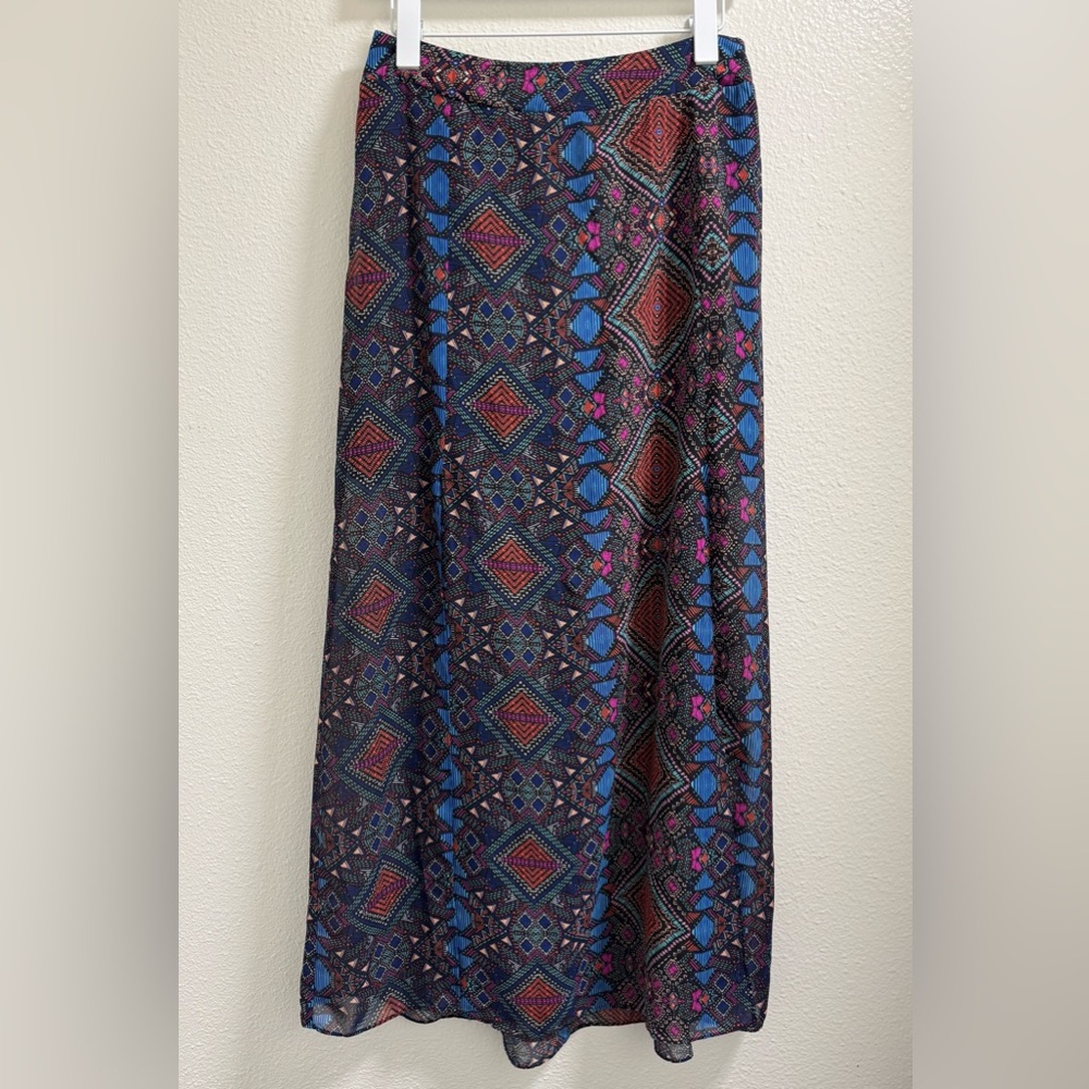 Maurices Geometric Maxi Skirt Front Slits Elastic Waist Lined Lightweight Medium